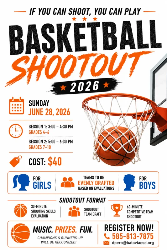 Basketball Shootout 2026 event flyer for Sunday June 28 at Batavia High School, grades 4 to 10, $40 per player