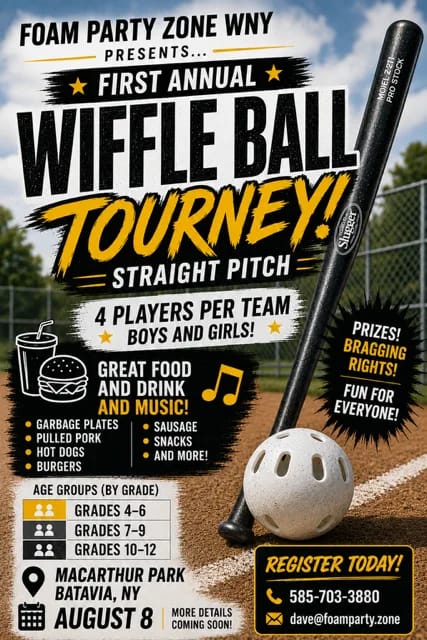 First Annual Wiffle Ball Tourney flyer for Saturday August 8 at MacArthur Park in Batavia, $85 per team